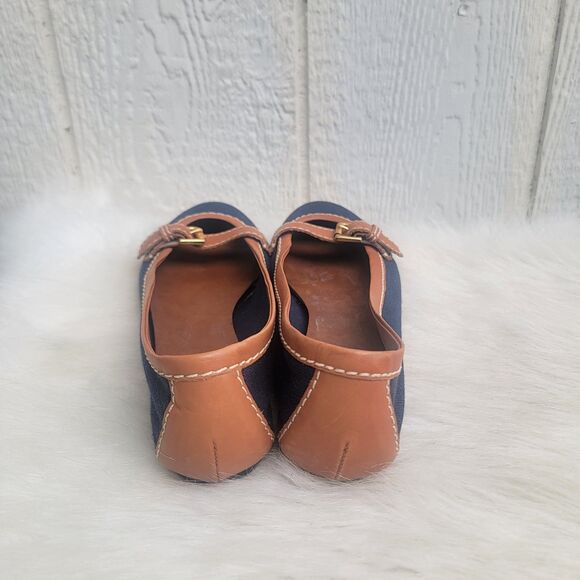 Talbots Ballet Flats Navy/Brown Canvas Leather Buckle Flats Women's Size 8B - Picture 4 of 7